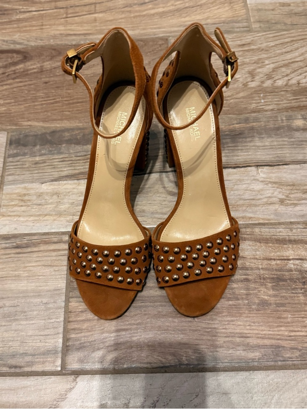Michael Kors Leela Brown Studded Suede Sandals - Picture 3 of 8